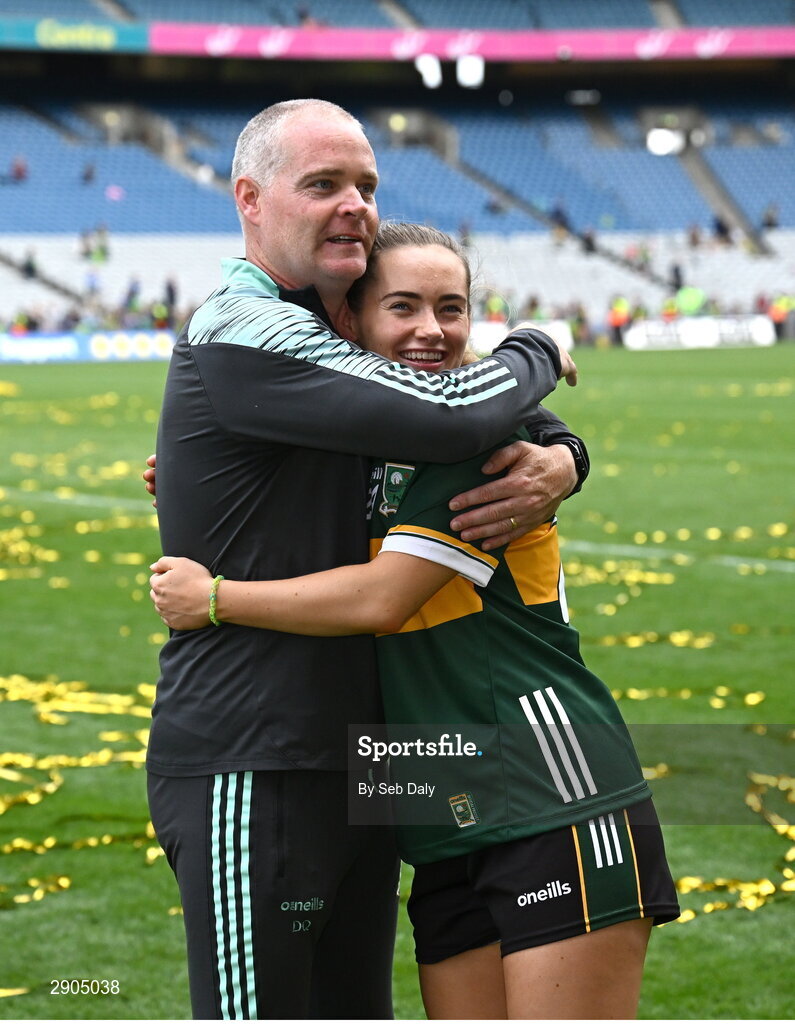 4 August 2024; Kerry manager Declan Quill and Ciara McCarthy after their side's victory in the TG4 All-Ireland Ladies Football Senior Championship final match between Galway and Kerry at Croke Park, Dublin. Photo by Seb Daly/Sportsfile