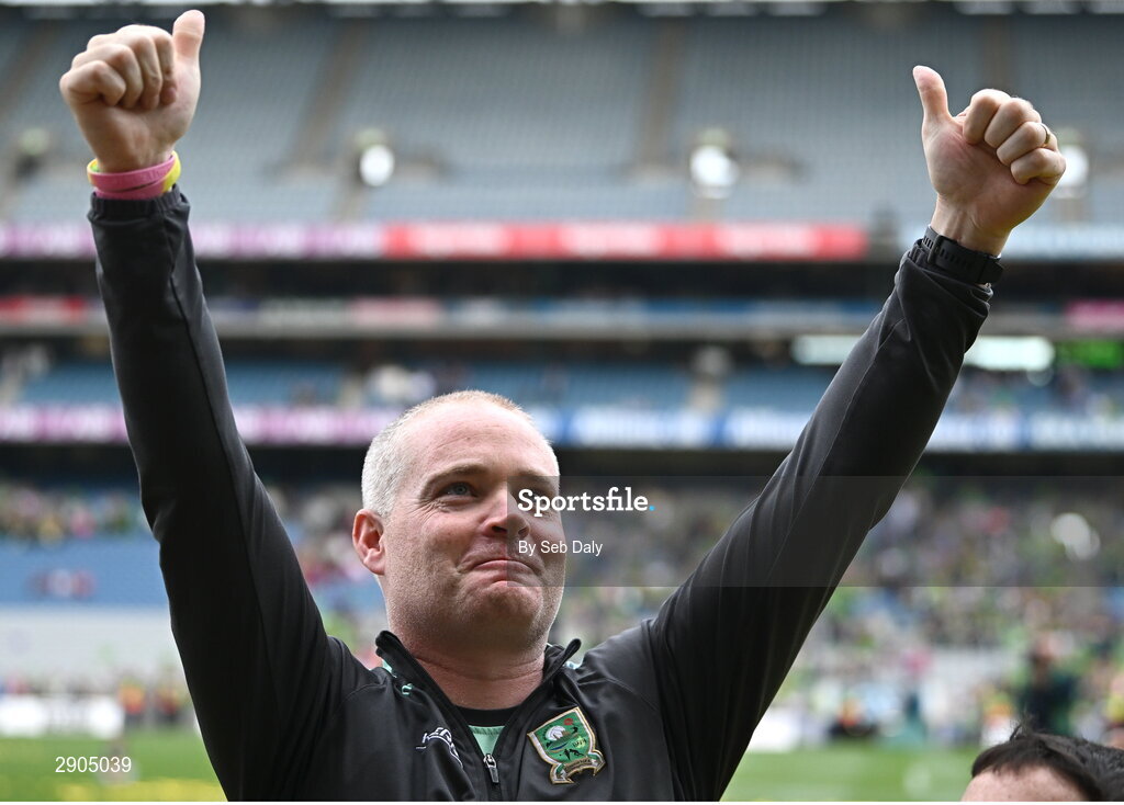 4 August 2024; Kerry manager Declan Quill celebrates after his side's victory in the TG4 All-Ireland Ladies Football Senior Championship final match between Galway and Kerry at Croke Park, Dublin. Photo by Seb Daly/Sportsfile