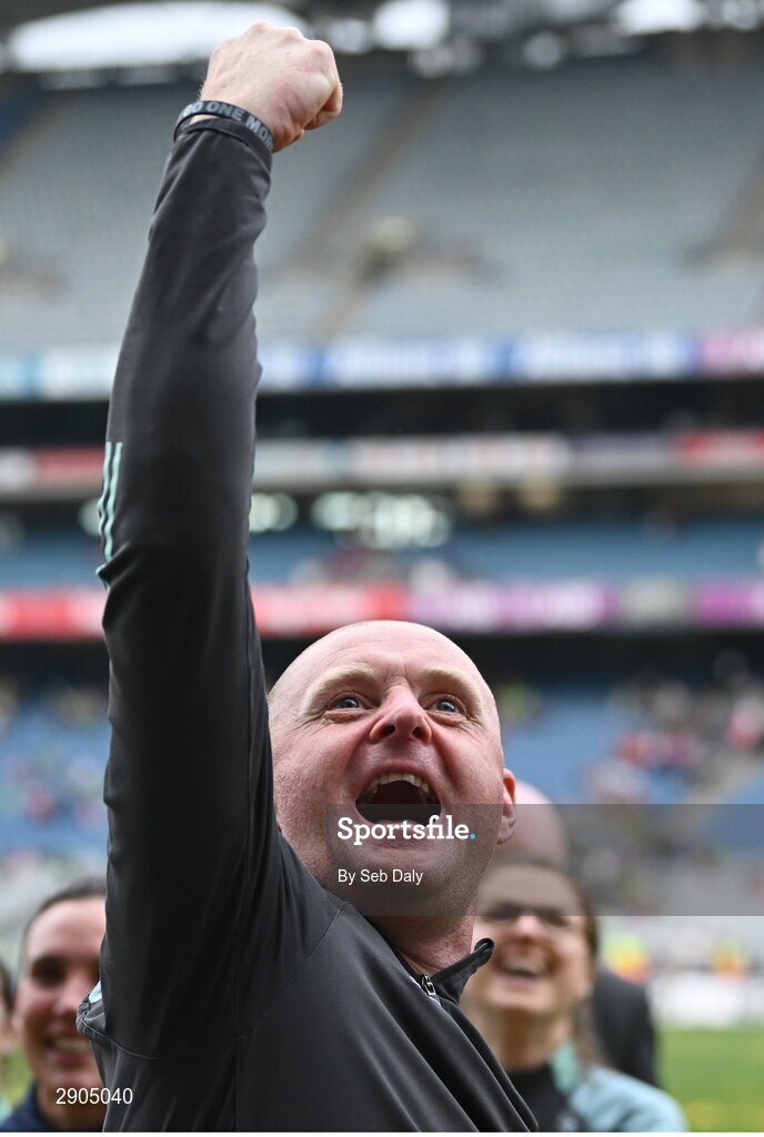 4 August 2024; Kerry joint manager Darragh Long celebrates after his side's victory in the TG4 All-Ireland Ladies Football Senior Championship final match between Galway and Kerry at Croke Park, Dublin. Photo by Seb Daly/Sportsfile