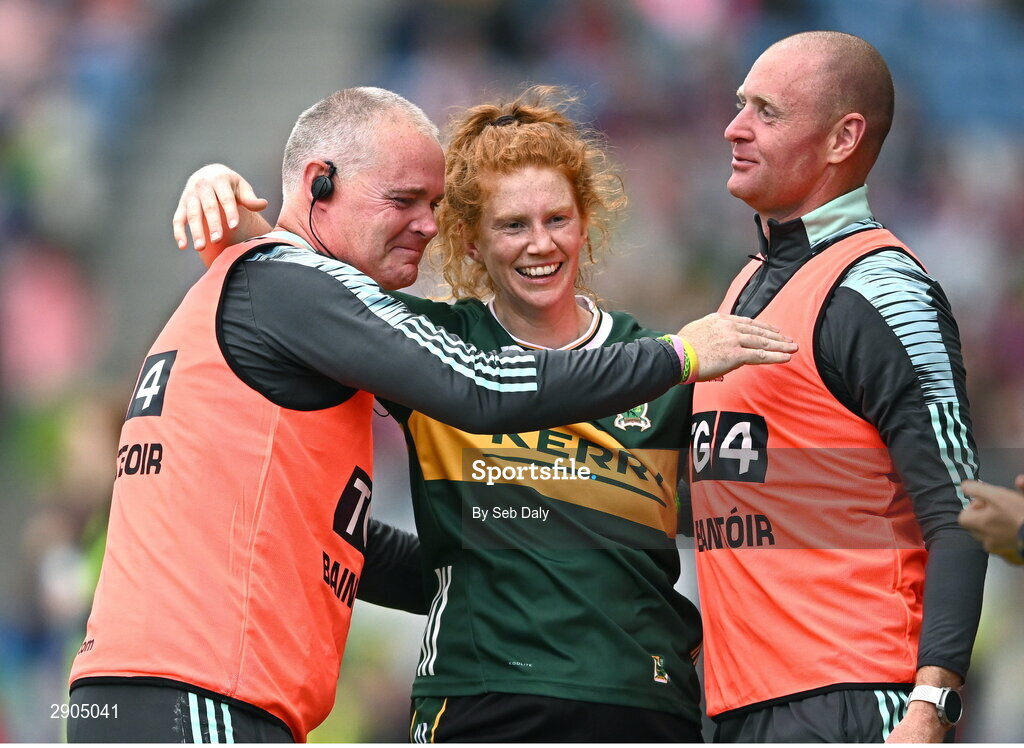 4 August 2024; Kerry joint managers Declan Quill, left, and Darragh Long, right, celebrate with Louise Ní Mhuircheartaigh during the TG4 All-Ireland Ladies Football Senior Championship final match between Galway and Kerry at Croke Park, Dublin. Photo by Seb Daly/Sportsfile