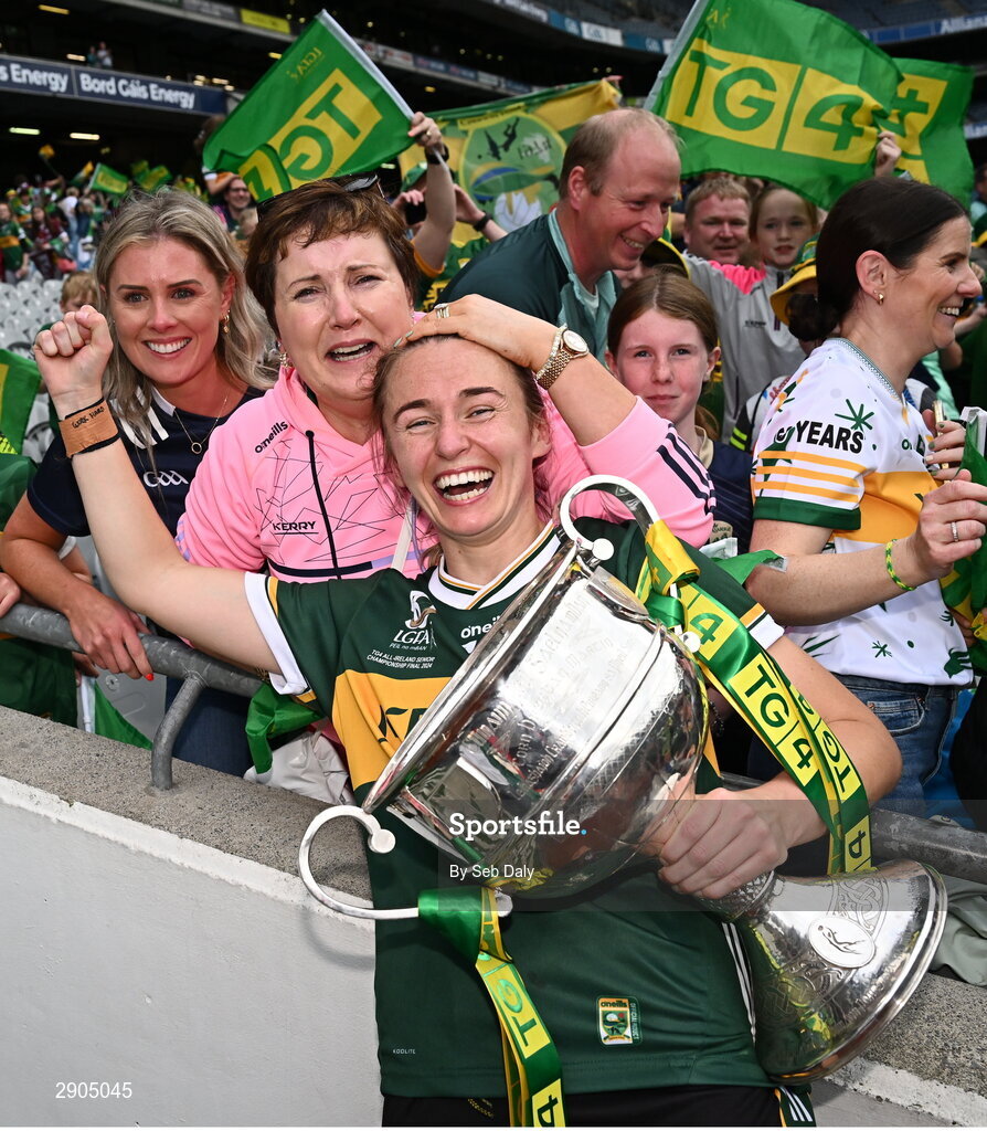 4 August 2024; Kerry captain Niamh Carmody celebrates with her aunt Eilís Lyons after her side's defeat in the TG4 All-Ireland Ladies Football Senior Championship final match between Galway and Kerry at Croke Park, Dublin. Photo by Seb Daly/Sportsfile