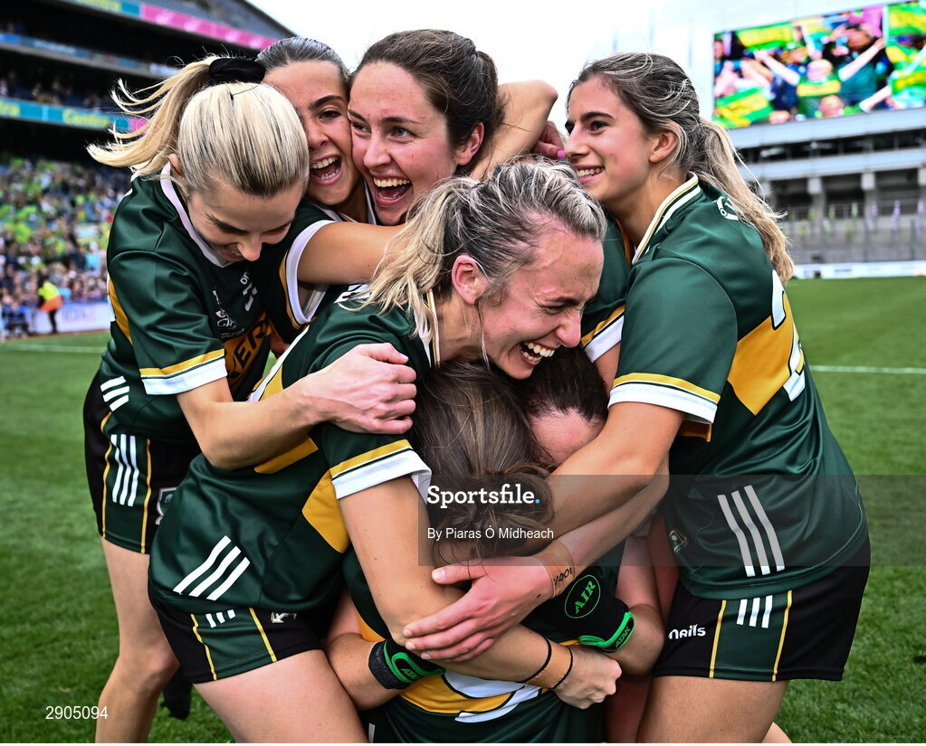 4 August 2024; Kerry players celebrate after their side's victory in the TG4 All-Ireland Ladies Football Senior Championship final match between Galway and Kerry at Croke Park in Dublin. Photo by Piaras Ó Mídheach/Sportsfile