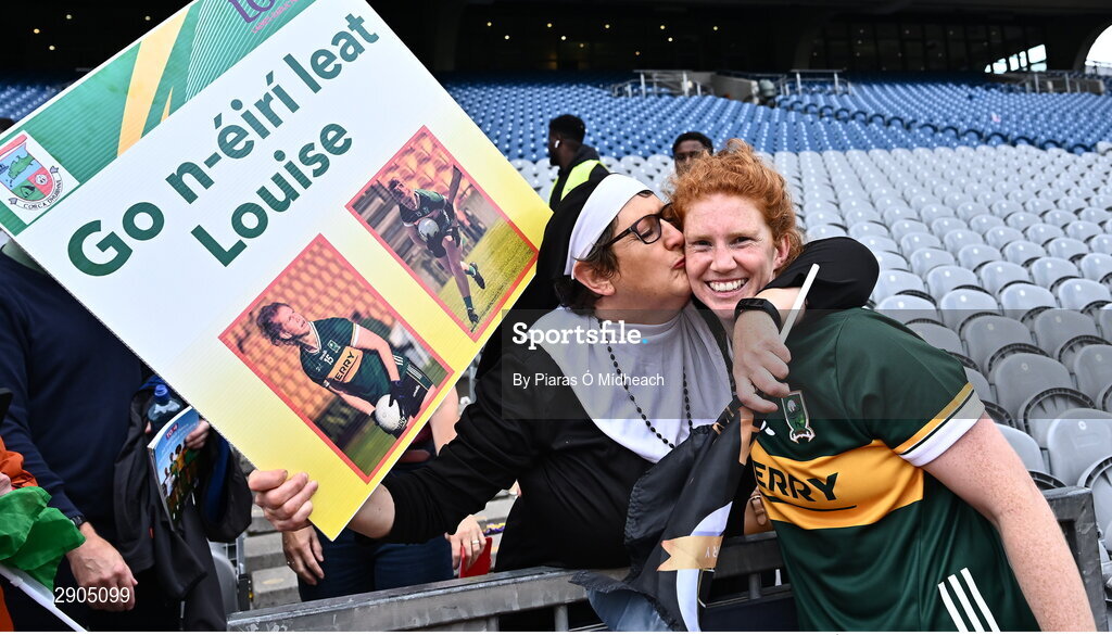 4 August 2024; Louise Ní Mhuircheartaigh of Kerry celebrates with her cousin Geraldine Cosai after the the TG4 All-Ireland Ladies Football Senior Championship final match between Galway and Kerry at Croke Park in Dublin. Photo by Piaras Ó Mídheach/Sportsfile