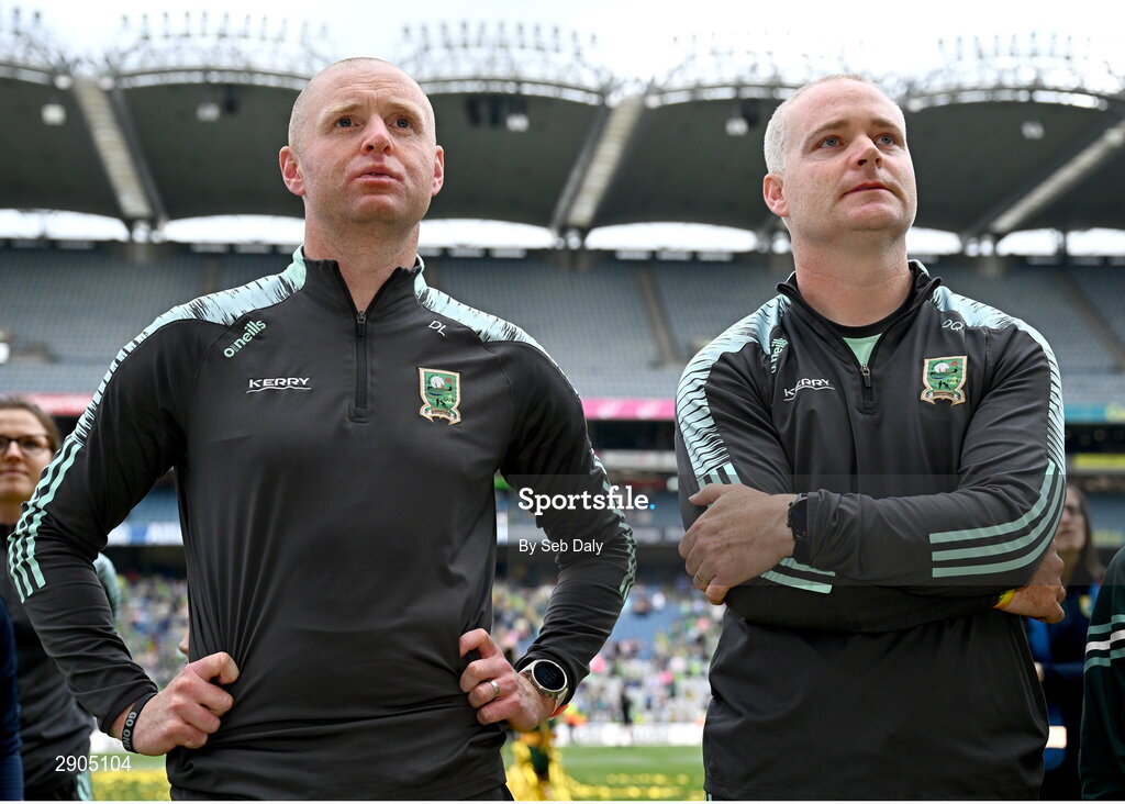 4 August 2024; Kerry joint managers Declan Quill, right, and Darragh Long after their side's victory in the TG4 All-Ireland Ladies Football Senior Championship final match between Galway and Kerry at Croke Park, Dublin. Photo by Seb Daly/Sportsfile