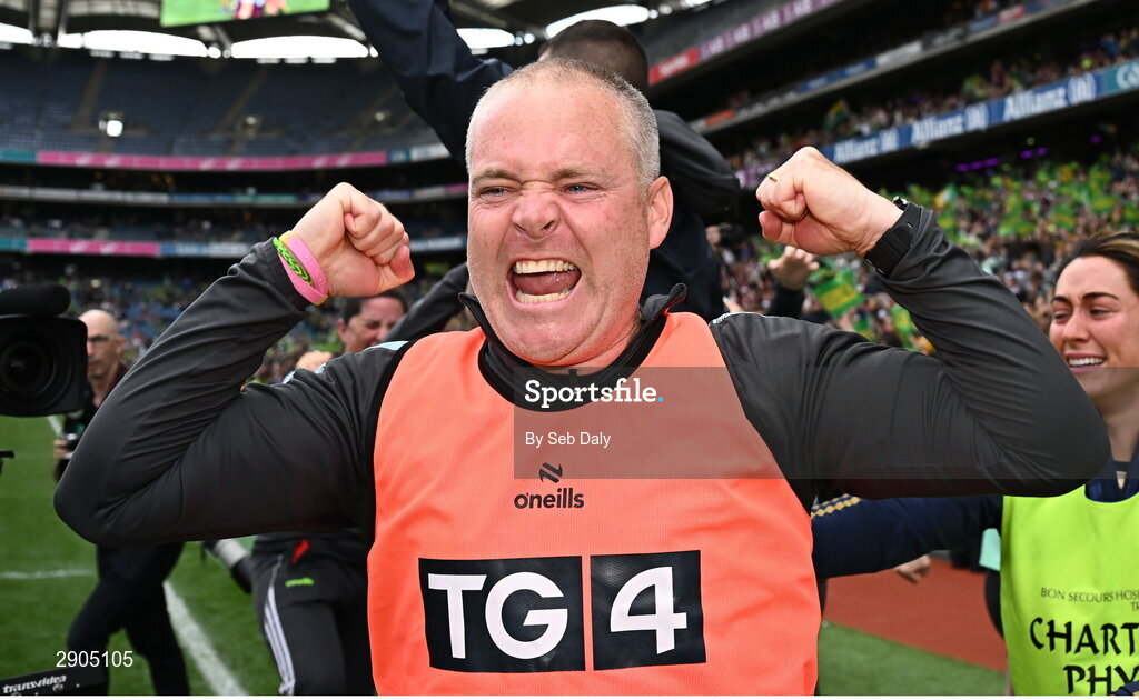 4 August 2024; Kerry manager Declan Quill celebrates after his side's victory in the TG4 All-Ireland Ladies Football Senior Championship final match between Galway and Kerry at Croke Park, Dublin. Photo by Seb Daly/Sportsfile