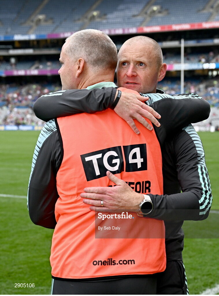 4 August 2024; Kerry joint managers Darragh Long, right, and Declan Quill during the TG4 All-Ireland Ladies Football Senior Championship final match between Galway and Kerry at Croke Park, Dublin. Photo by Seb Daly/Sportsfile