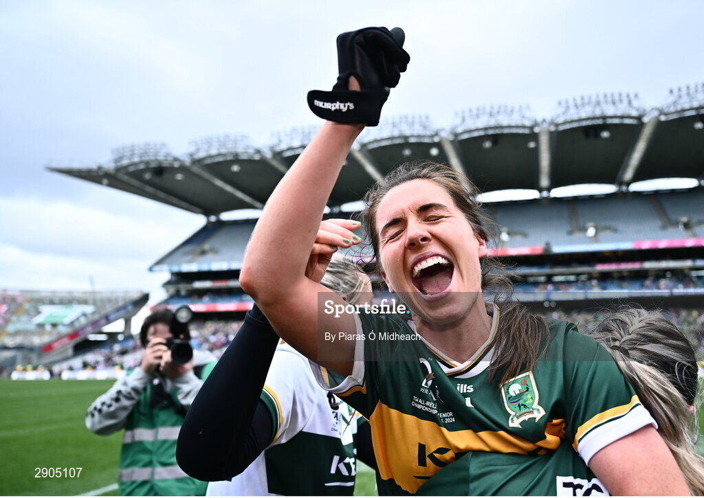 4 August 2024; Kate O'Sullivan of Kerry celebrates after her side's victory in the TG4 All-Ireland Ladies Football Senior Championship final match between Galway and Kerry at Croke Park in Dublin. Photo by Piaras Ó Mídheach/Sportsfile