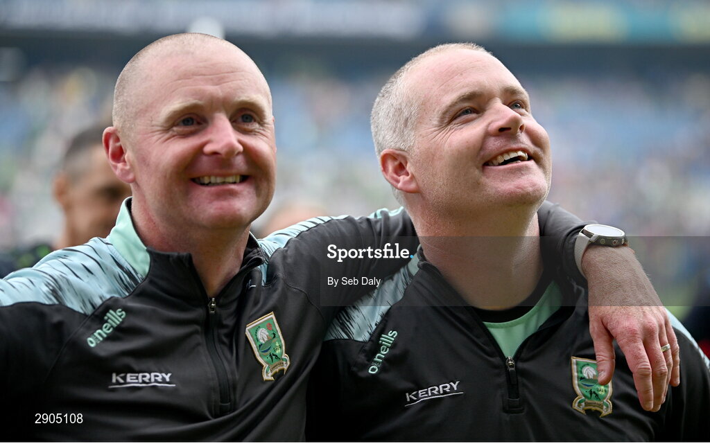 4 August 2024; Kerry joint managers Declan Quill, right, and Darragh Long after their side's victory in the TG4 All-Ireland Ladies Football Senior Championship final match between Galway and Kerry at Croke Park, Dublin. Photo by Seb Daly/Sportsfile