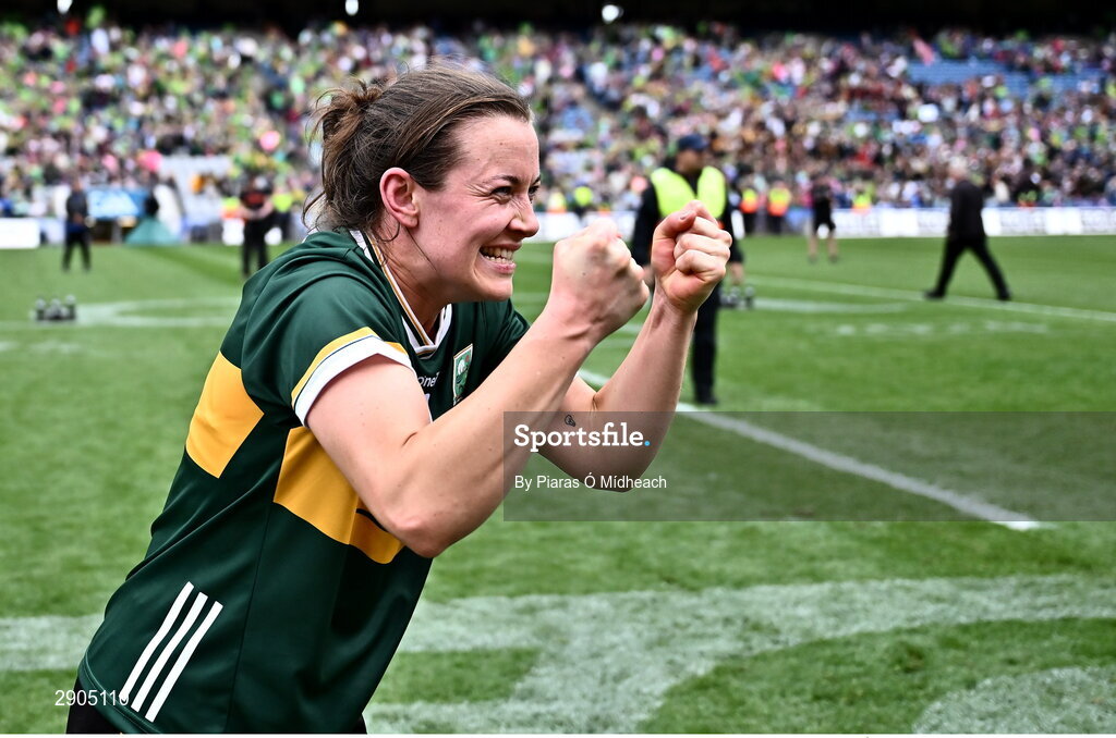 4 August 2024; Anna Galvin of Kerry celebrates after her side's victory in the TG4 All-Ireland Ladies Football Senior Championship final match between Galway and Kerry at Croke Park in Dublin. Photo by Piaras Ó Mídheach/Sportsfile
