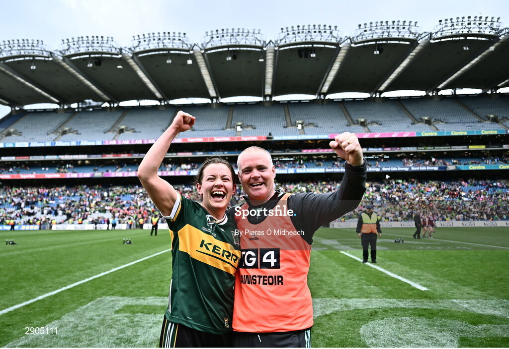 4 August 2024; Kerry manager Declan Quill celebrates with Anna Galvin after their side's victory in the TG4 All-Ireland Ladies Football Senior Championship final match between Galway and Kerry at Croke Park in Dublin. Photo by Piaras Ó Mídheach/Sportsfile