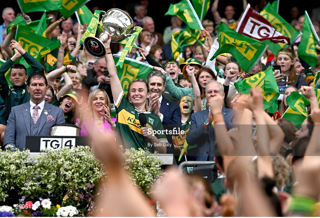 4 August 2024; Kerry captain Niamh Carmody lifts the Brendan Martin cup after her side's victory in the TG4 All-Ireland Ladies Football Senior Championship final match between Galway and Kerry at Croke Park, Dublin. Photo by Seb Daly/Sportsfile