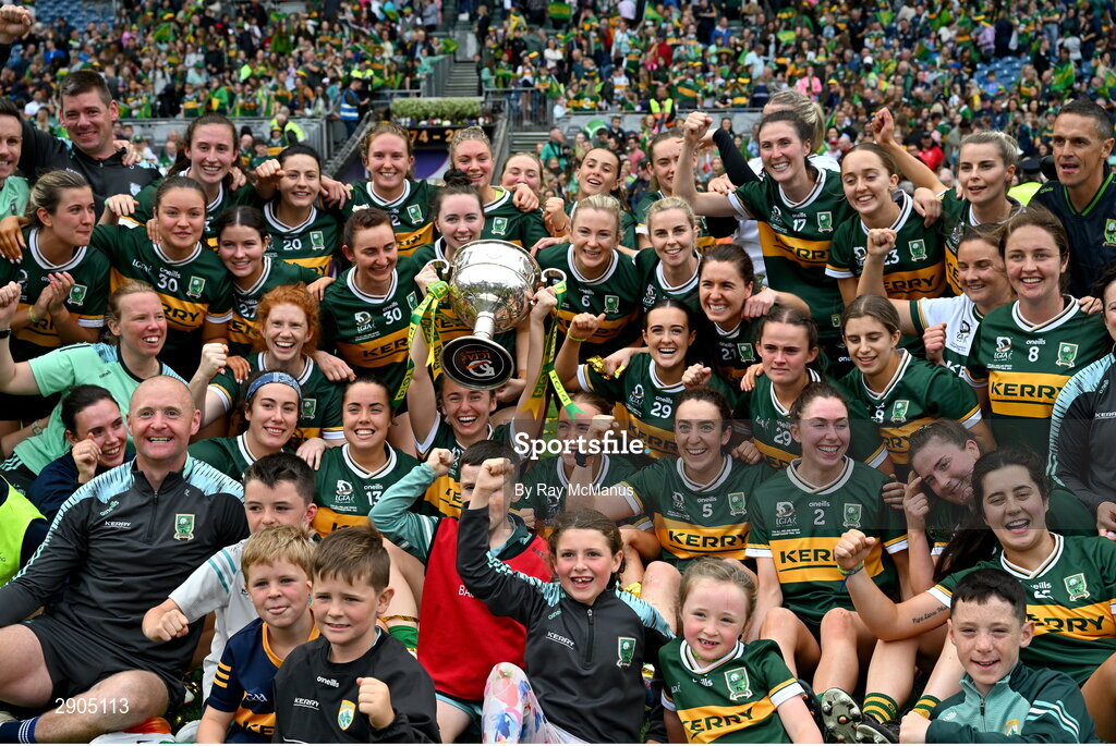 4 August 2024; The Kerry squad, captain Niamh Carmody and officials celebrate with the Brendan Martin Cup after during the TG4 All-Ireland Ladies Football Senior Championship final match between Galway and Kerry at Croke Park, Dublin. Photo by Ray McManus/Sportsfile