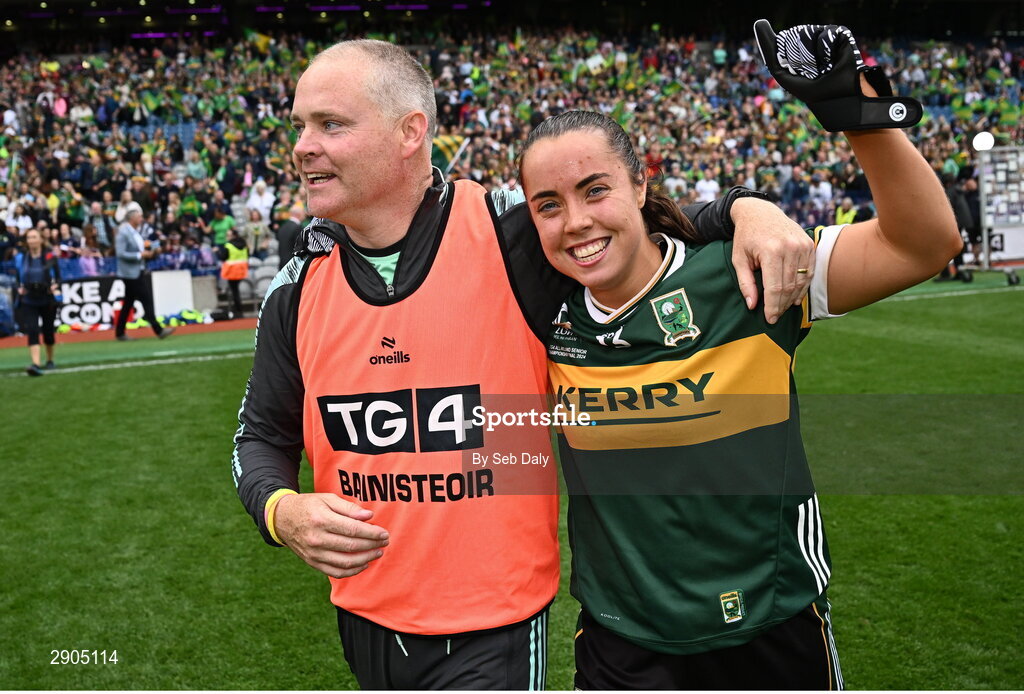 4 August 2024; Kerry manager Declan Quill and Danielle O'Leary celebrate after their side's victory in the TG4 All-Ireland Ladies Football Senior Championship final match between Galway and Kerry at Croke Park, Dublin. Photo by Seb Daly/Sportsfile