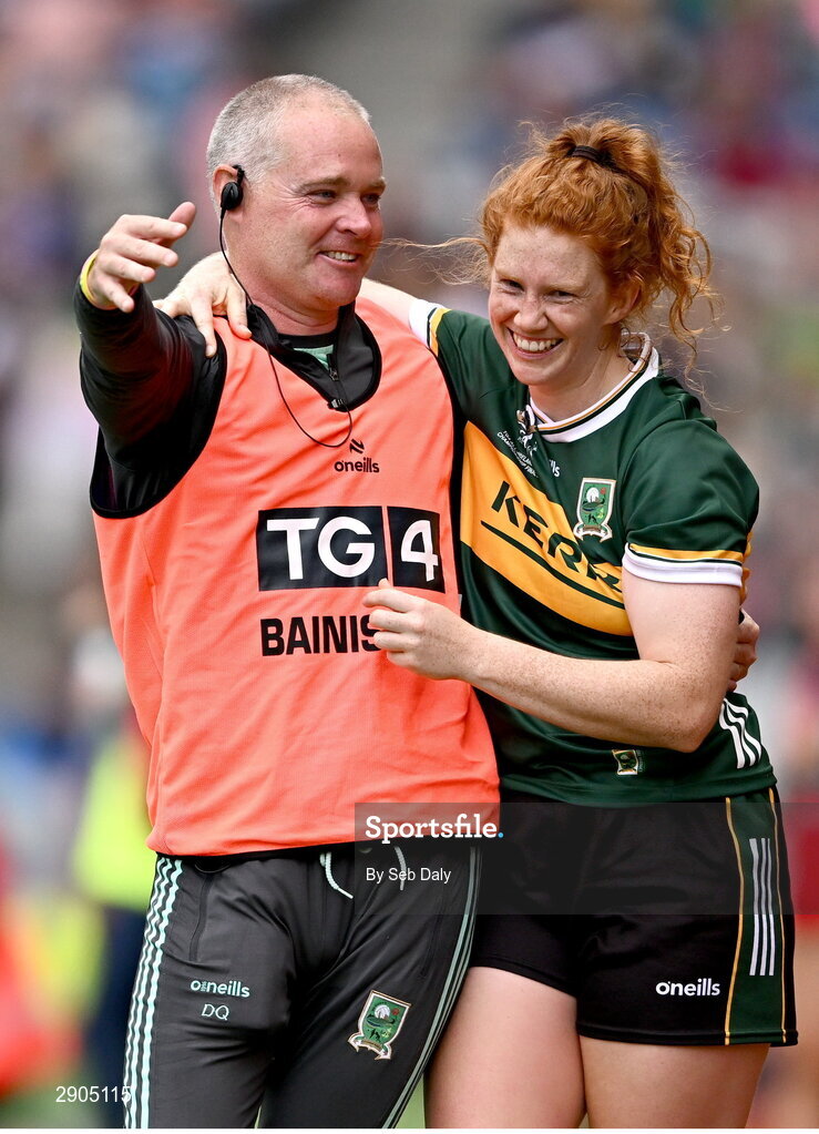 4 August 2024; Kerry manager Declan Quill and Louise Ní Mhuircheartaigh celebrate during the TG4 All-Ireland Ladies Football Senior Championship final match between Galway and Kerry at Croke Park, Dublin. Photo by Seb Daly/Sportsfile