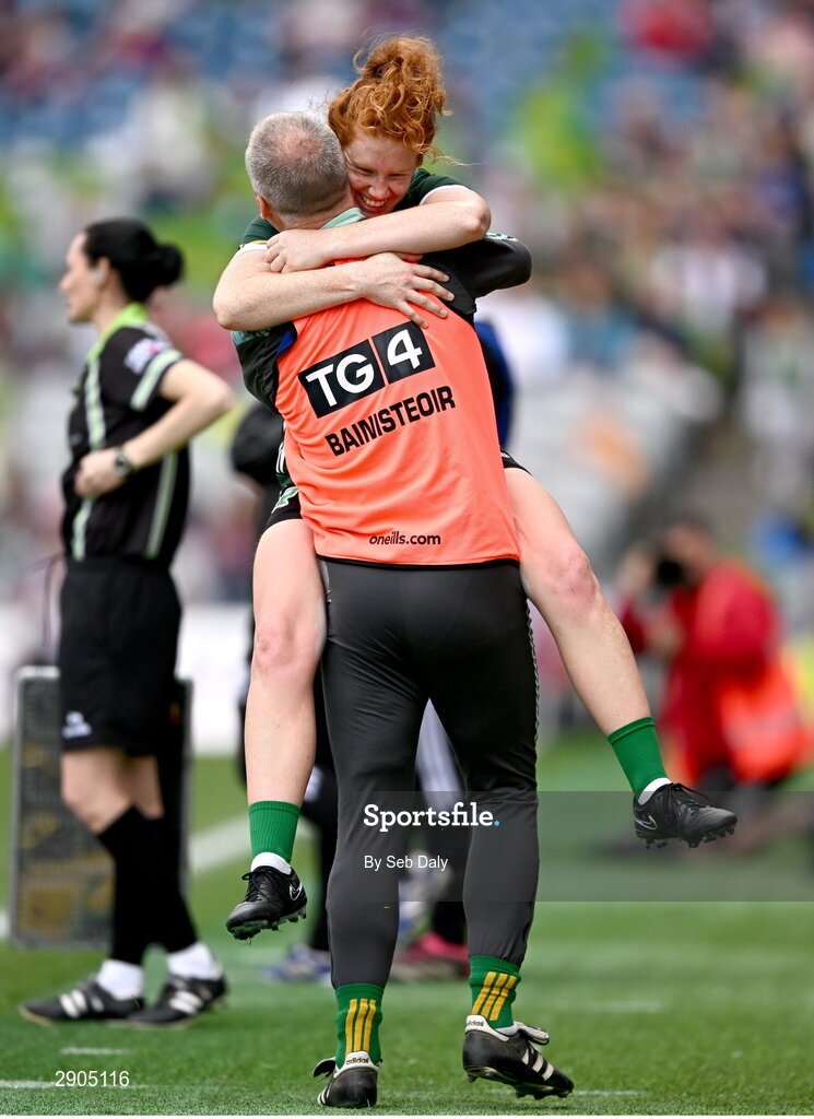 4 August 2024; Kerry manager Declan Quill and Louise Ní Mhuircheartaigh celebrate during the TG4 All-Ireland Ladies Football Senior Championship final match between Galway and Kerry at Croke Park, Dublin. Photo by Seb Daly/Sportsfile