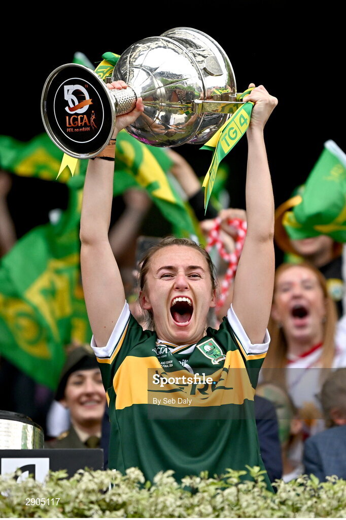 4 August 2024; Kerry captain Niamh Carmody lifts the Brendan Martin cup after her side's victory in the TG4 All-Ireland Ladies Football Senior Championship final match between Galway and Kerry at Croke Park, Dublin. Photo by Seb Daly/Sportsfile