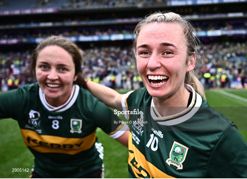 4 August 2024; Kerry players Niamh Carmody, right, and Mary O'Connell celebrate after their side's victory in the TG4 All-Ireland Ladies Football Senior Championship final match between Galway and Kerry at Croke Park in Dublin. Photo by Piaras Ó Mídheach/Sportsfile