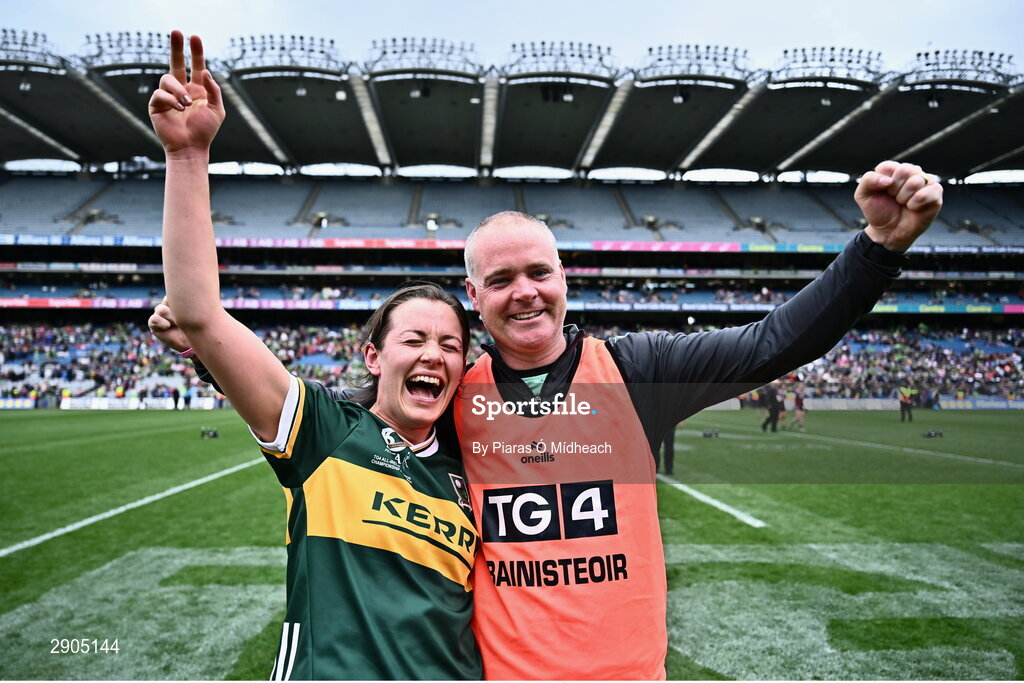 4 August 2024; Kerry manager Declan Quill celebrates with Anna Galvin after their side's victory in the TG4 All-Ireland Ladies Football Senior Championship final match between Galway and Kerry at Croke Park in Dublin. Photo by Piaras Ó Mídheach/Sportsfile
