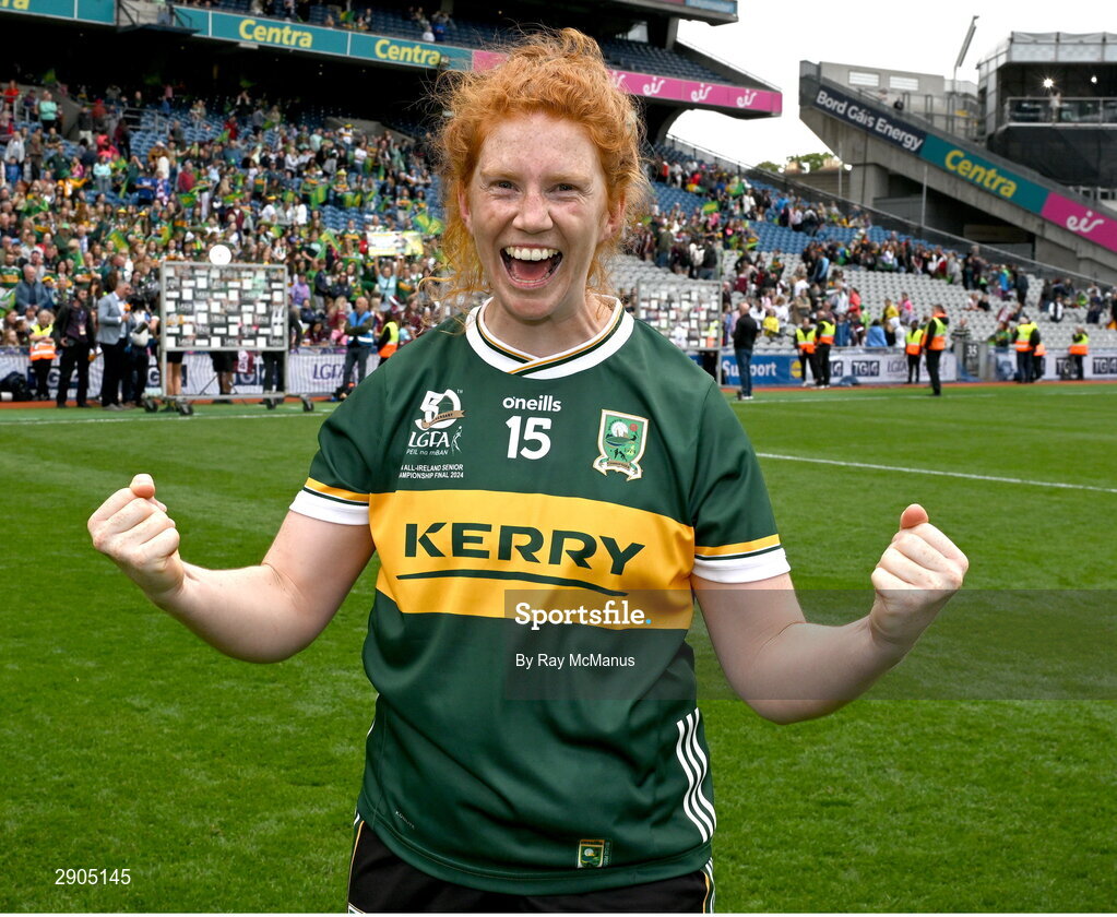 4 August 2024; Louise Ní Mhuircheartaigh of Kerry celebrates after the TG4 All-Ireland Ladies Football Senior Championship final match between Galway and Kerry at Croke Park, Dublin. Photo by Ray McManus/Sportsfile