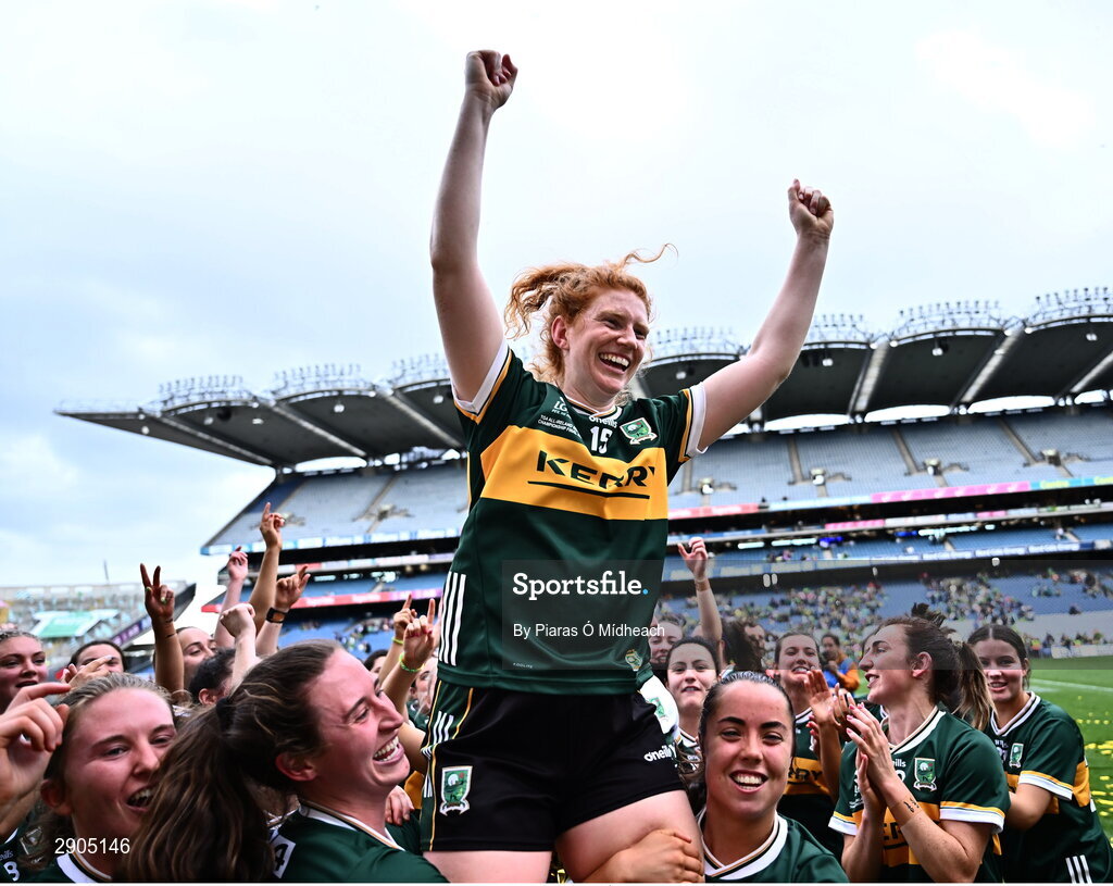4 August 2024; Louise Ní Mhuircheartaigh of Kerry celebrates after the TG4 All-Ireland Ladies Football Senior Championship final match between Galway and Kerry at Croke Park in Dublin. Photo by Piaras Ó Mídheach/Sportsfile