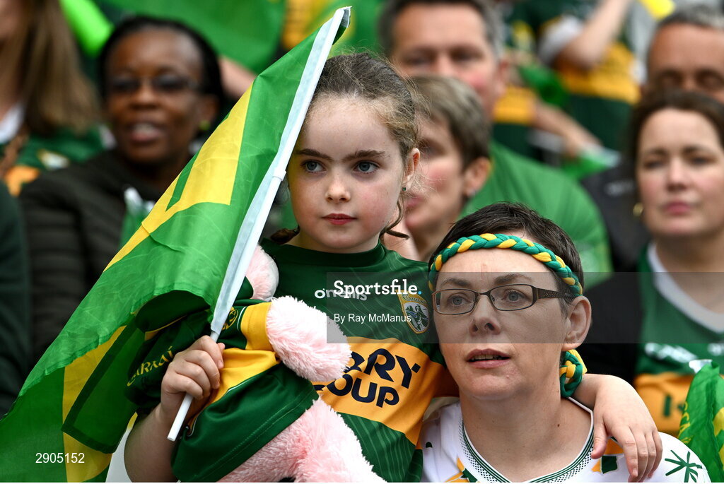 4 August 2024; Kerry supporters Cloe, ten years, and her mother Bridget Ahern, from Miltown, watch from the Cusack Stand during the TG4 All-Ireland Ladies Football Senior Championship final match between Galway and Kerry at Croke Park, Dublin. Photo by Ray McManus/Sportsfile