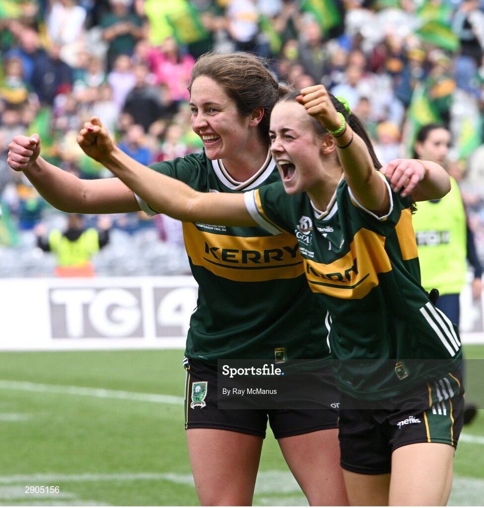 4 August 2024; Mary O'Connell, left, and Aoife Dillane of Kerry celebrate the TG4 All-Ireland Ladies Football Senior Championship final match between Galway and Kerry at Croke Park, Dublin. Photo by Ray McManus/Sportsfile