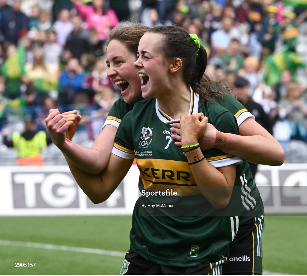 4 August 2024; Mary O'Connell, left, and Aoife Dillane of Kerry celebrate the TG4 All-Ireland Ladies Football Senior Championship final match between Galway and Kerry at Croke Park, Dublin. Photo by Ray McManus/Sportsfile