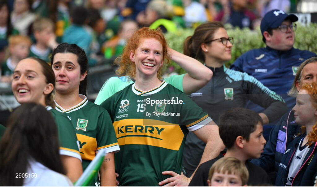 4 August 2024; Louise Ní Mhuircheartaigh of Kerry, 15, watches the last seconds from the subs bench the TG4 All-Ireland Ladies Football Senior Championship final match between Galway and Kerry at Croke Park, Dublin. Photo by Ray McManus/Sportsfile