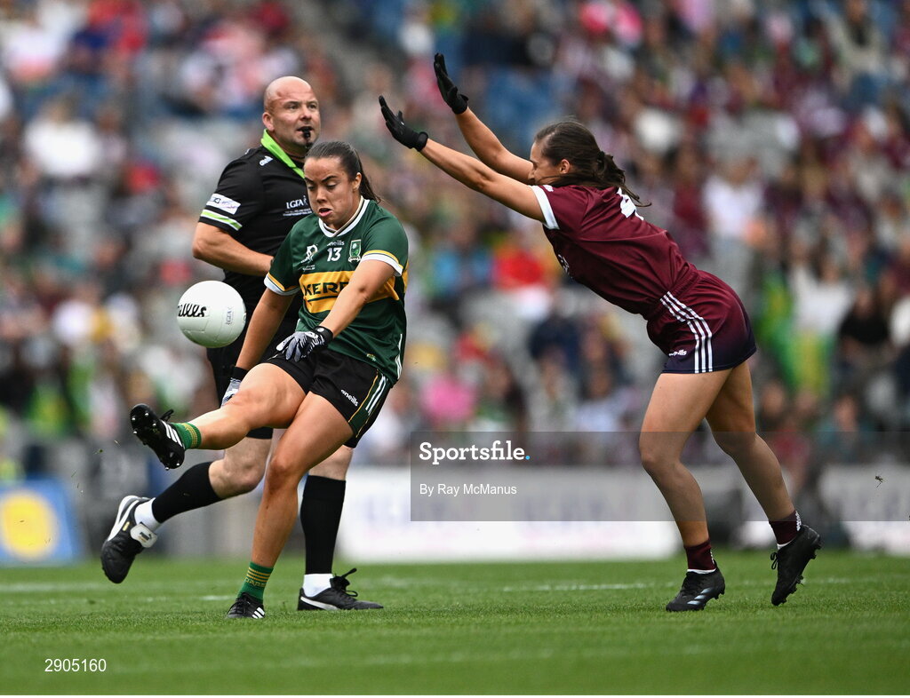 4 August 2024; Danielle O'Leary of Kerry kicks past Kate Geraghty of Galway during the TG4 All-Ireland Ladies Football Senior Championship final match between Galway and Kerry at Croke Park, Dublin. Photo by Ray McManus/Sportsfile