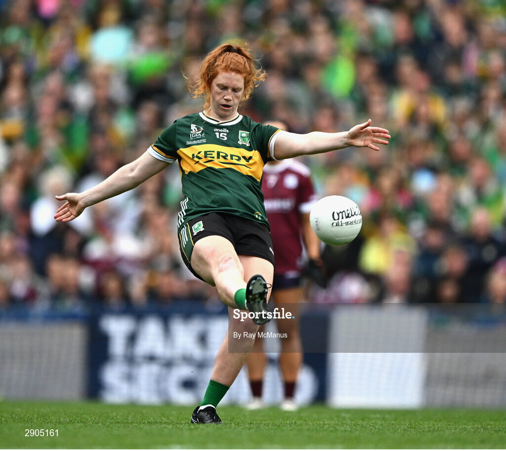4 August 2024; Louise Ní Mhuircheartaigh of Kerry kicks a first half free during the TG4 All-Ireland Ladies Football Senior Championship final match between Galway and Kerry at Croke Park, Dublin. Photo by Ray McManus/Sportsfile