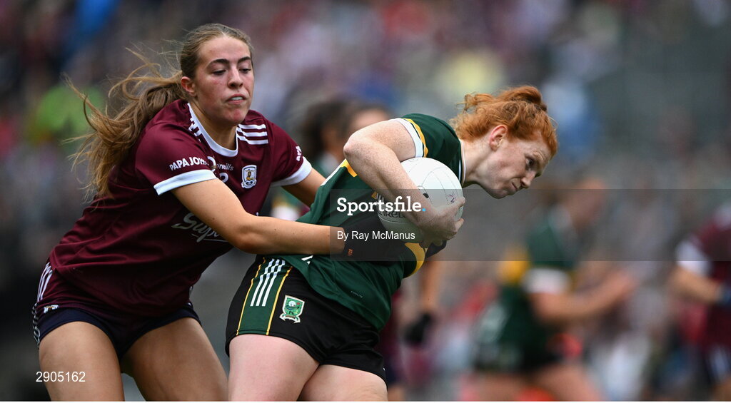 4 August 2024; Louise Ní Mhuircheartaigh of Kerry is tackled by Maryanne Jordan of Galway during the TG4 All-Ireland Ladies Football Senior Championship final match between Galway and Kerry at Croke Park, Dublin. Photo by Ray McManus/Sportsfile