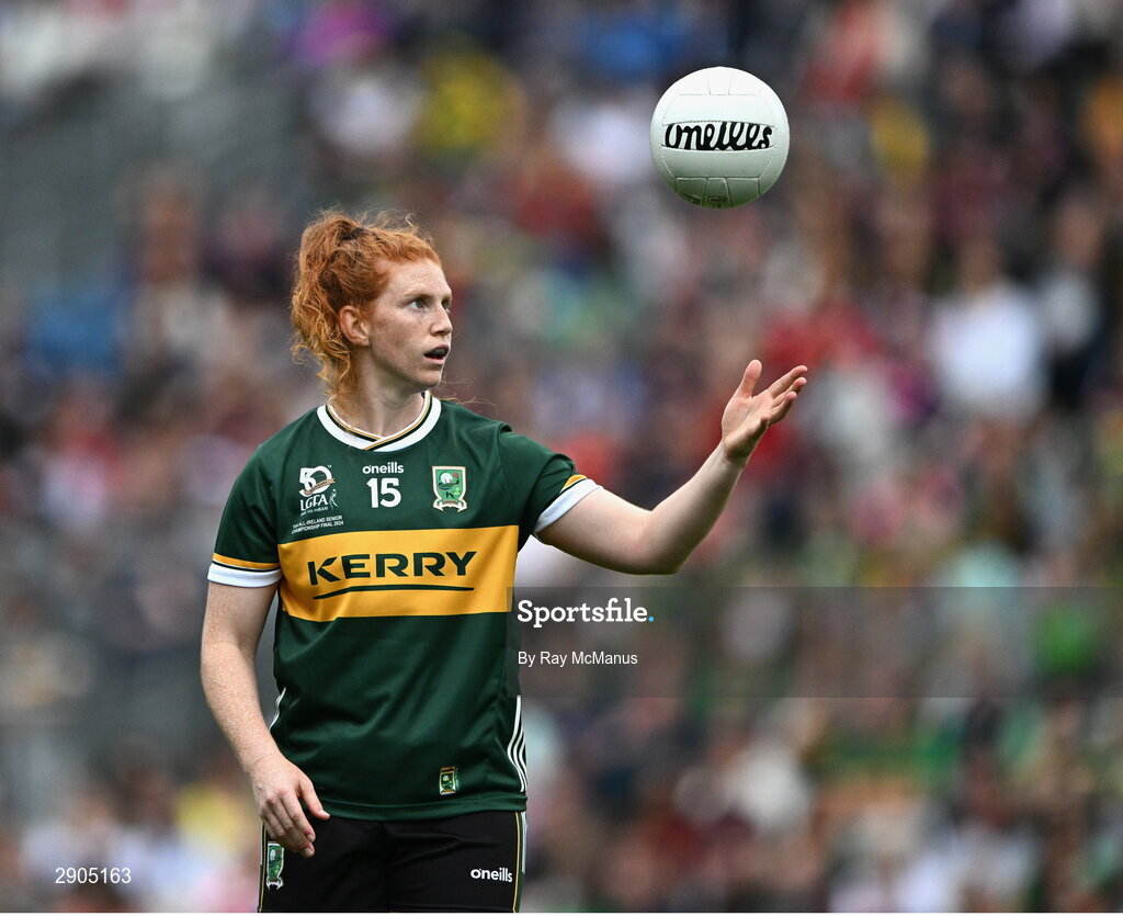 4 August 2024; Louise Ní Mhuircheartaigh of Kerry prepares to kick a first half free during the TG4 All-Ireland Ladies Football Senior Championship final match between Galway and Kerry at Croke Park, Dublin. Photo by Ray McManus/Sportsfile