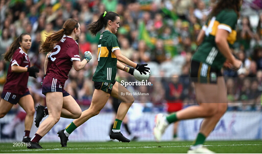 4 August 2024; Aoife Dillane of Kerry kicks a first half goal, with 15 seconds remaining, during the TG4 All-Ireland Ladies Football Senior Championship final match between Galway and Kerry at Croke Park, Dublin. Photo by Ray McManus/Sportsfile