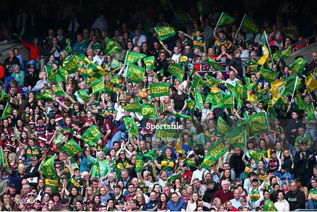 4 August 2024; Kerry supporters, in the Hogan Stand, celebrate their first half goal during the TG4 All-Ireland Ladies Football Senior Championship final match between Galway and Kerry at Croke Park, Dublin. Photo by Ray McManus/Sportsfile