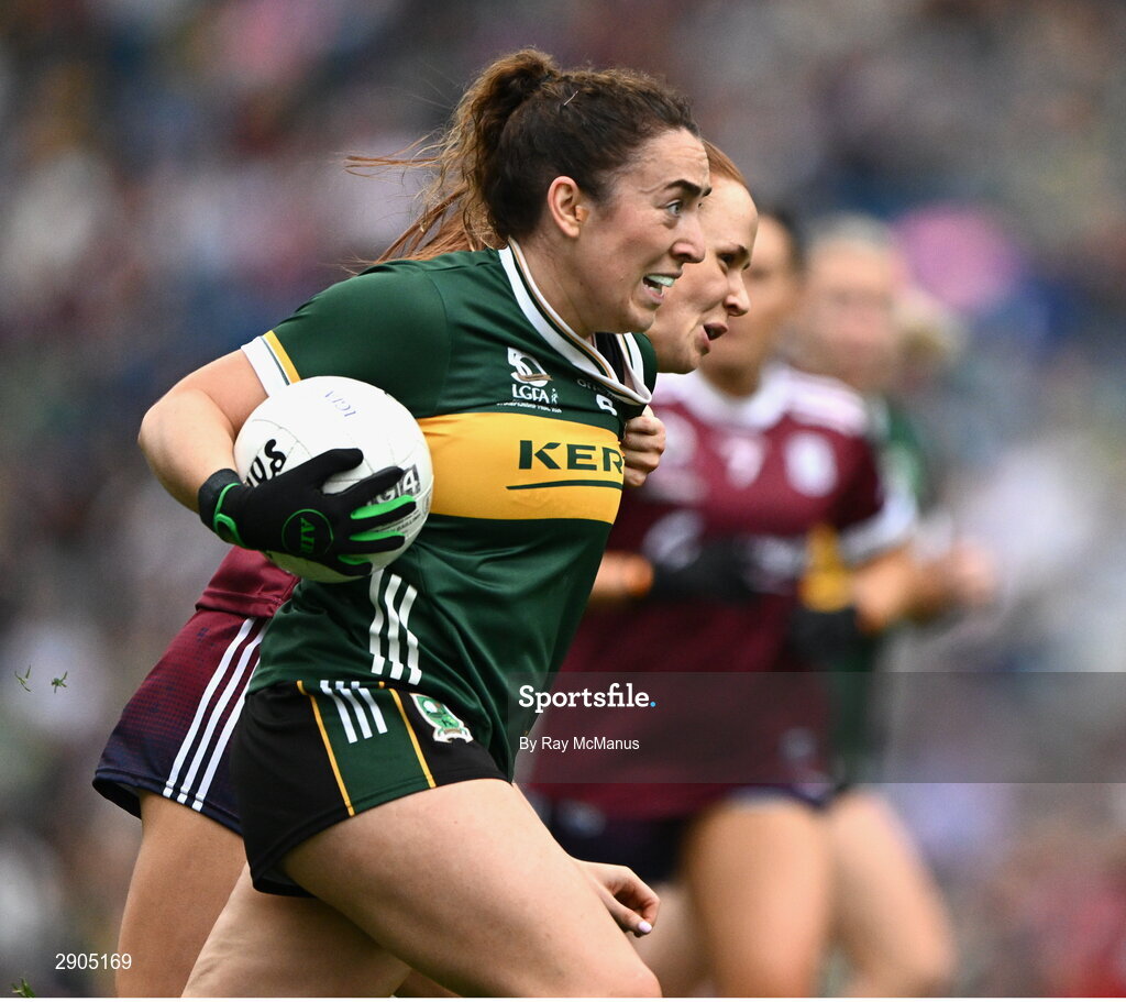 4 August 2024; Aishling O'Connell of Kerry is tackled by Olivia Divilly of Galway during the TG4 All-Ireland Ladies Football Senior Championship final match between Galway and Kerry at Croke Park, Dublin. Photo by Ray McManus/Sportsfile