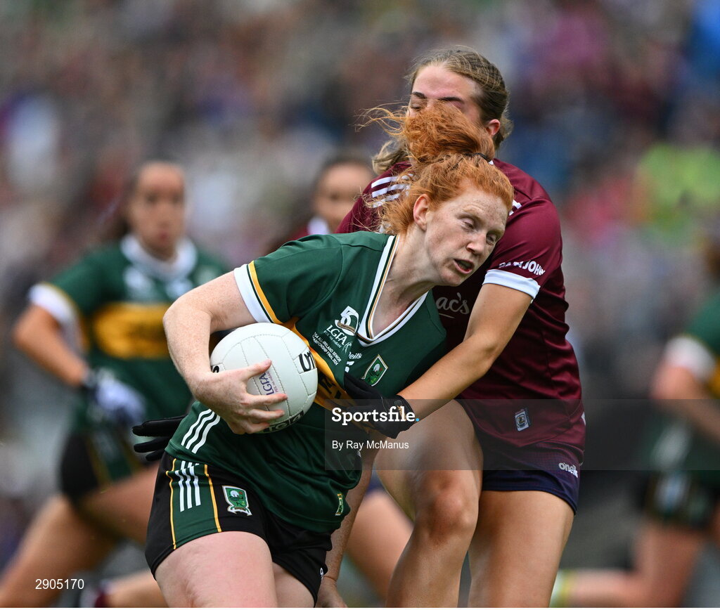 4 August 2024; Louise Ní Mhuircheartaigh of Kerry is tackled by Maryanne Jordan of Galway during the TG4 All-Ireland Ladies Football Senior Championship final match between Galway and Kerry at Croke Park, Dublin. Photo by Ray McManus/Sportsfile