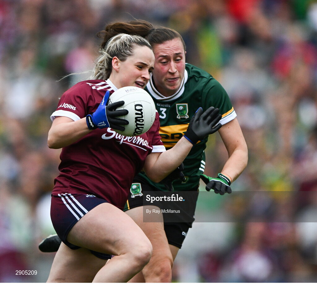 4 August 2024; Andrea Trill of Galway is tackled by Kayleigh Cronin of Kerry during the TG4 All-Ireland Ladies Football Senior Championship final match between Galway and Kerry at Croke Park, Dublin. Photo by Ray McManus/Sportsfile