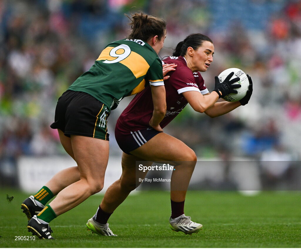 4 August 2024; Charlotte Cooney of Galway is tackled by Anna Galvin of Kerry during the TG4 All-Ireland Ladies Football Senior Championship final match between Galway and Kerry at Croke Park, Dublin. Photo by Ray McManus/Sportsfile