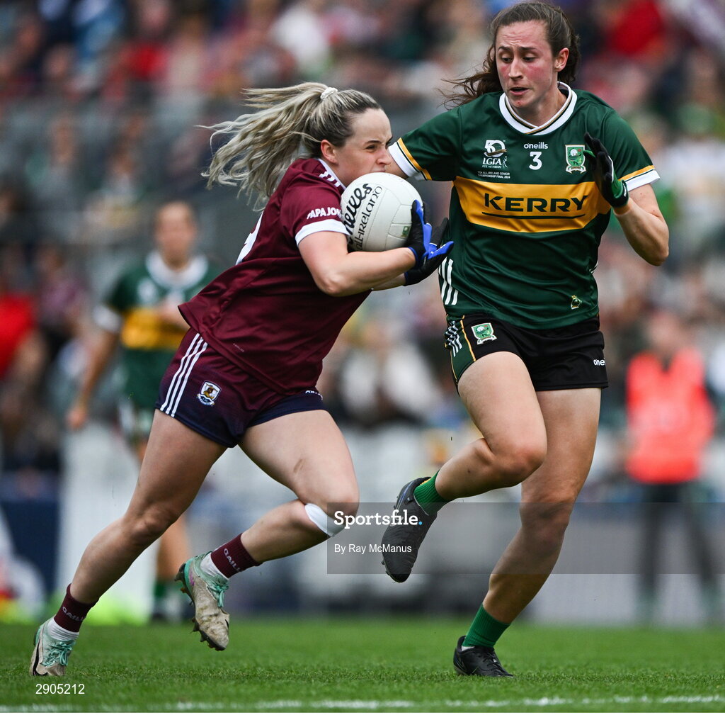 4 August 2024; Andrea Trill of Galway is tackled by Kayleigh Cronin of Kerry during the TG4 All-Ireland Ladies Football Senior Championship final match between Galway and Kerry at Croke Park, Dublin. Photo by Ray McManus/Sportsfile