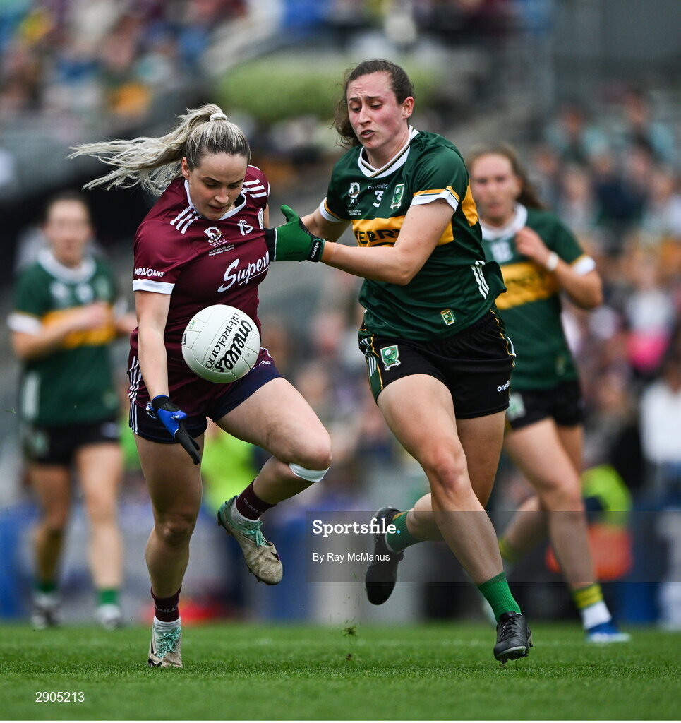 4 August 2024; Andrea Trill of Galway is tackled by Kayleigh Cronin of Kerry during the TG4 All-Ireland Ladies Football Senior Championship final match between Galway and Kerry at Croke Park, Dublin. Photo by Ray McManus/Sportsfile