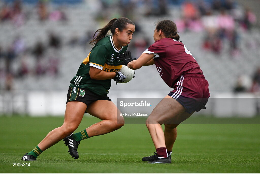 4 August 2024; Danielle O'Leary of Kerry is tackled by Kate Geraghty of Galway during the TG4 All-Ireland Ladies Football Senior Championship final match between Galway and Kerry at Croke Park, Dublin. Photo by Ray McManus/Sportsfile