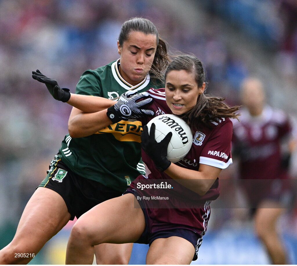 4 August 2024; Kate Geraghty of Galway is tackled by Danielle O'Leary of Kerry during the TG4 All-Ireland Ladies Football Senior Championship final match between Galway and Kerry at Croke Park, Dublin. Photo by Ray McManus/Sportsfile