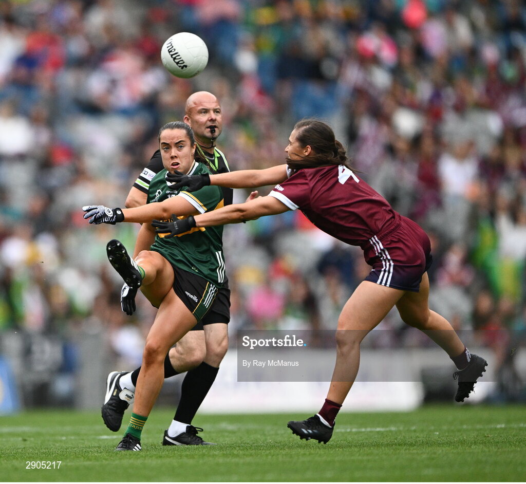 4 August 2024; Danielle O'Leary of Kerry kicks past Kate Geraghty of Galway during the TG4 All-Ireland Ladies Football Senior Championship final match between Galway and Kerry at Croke Park, Dublin. Photo by Ray McManus/Sportsfile
