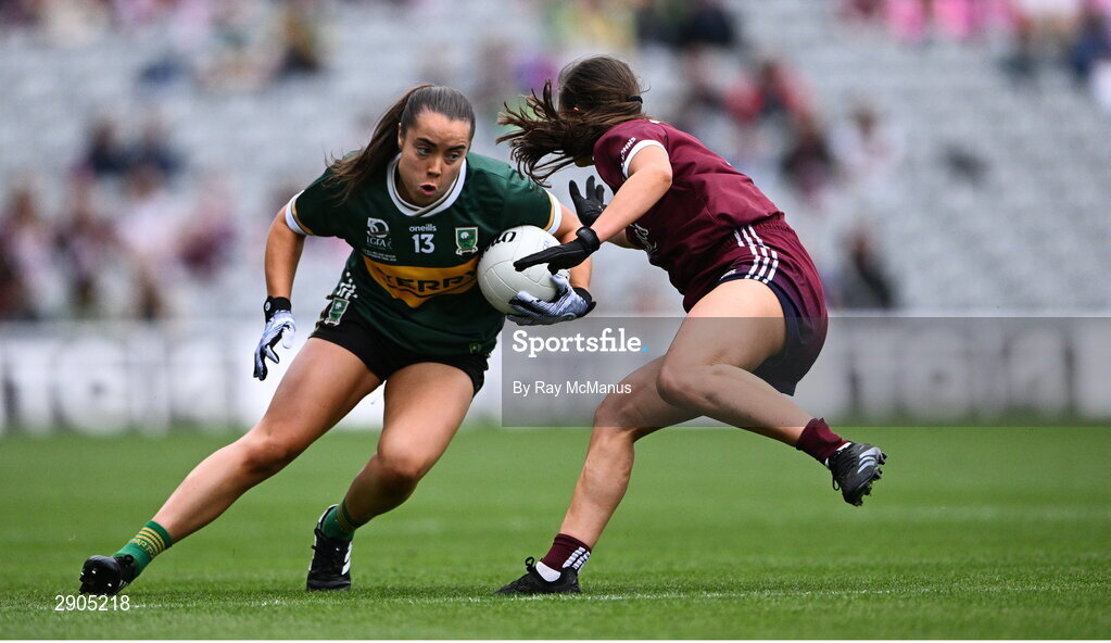 4 August 2024; Danielle O'Leary of Kerry is tackled by Kate Geraghty of Galway during the TG4 All-Ireland Ladies Football Senior Championship final match between Galway and Kerry at Croke Park, Dublin. Photo by Ray McManus/Sportsfile