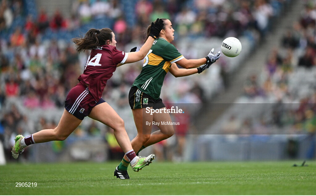 4 August 2024; Danielle O'Leary of Kerry races clear of Emma Reaney of Galway during the TG4 All-Ireland Ladies Football Senior Championship final match between Galway and Kerry at Croke Park, Dublin. Photo by Ray McManus/Sportsfile