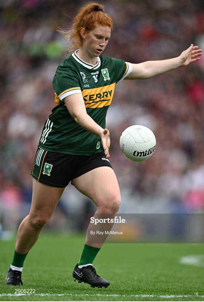 4 August 2024; Louise Ní Mhuircheartaigh of Kerry kicks a free during the TG4 All-Ireland Ladies Football Senior Championship final match between Galway and Kerry at Croke Park, Dublin. Photo by Ray McManus/Sportsfile