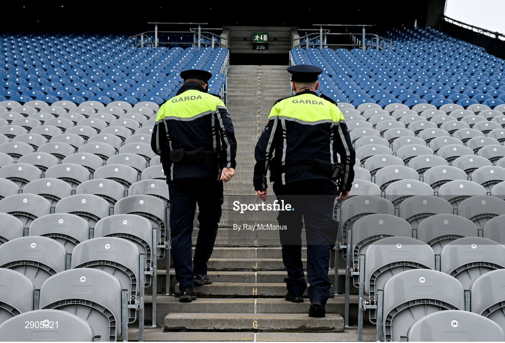 4 August 2024; Two Gardai go to their posts before the TG4 All-Ireland Ladies Football Senior Championship final match between Galway and Kerry at Croke Park, Dublin. Photo by Ray McManus/Sportsfile