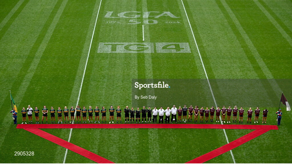 4 August 2024; Players and officials before the TG4 All-Ireland Ladies Football Senior Championship final match between Galway and Kerry at Croke Park, Dublin. Photo by Seb Daly/Sportsfile
