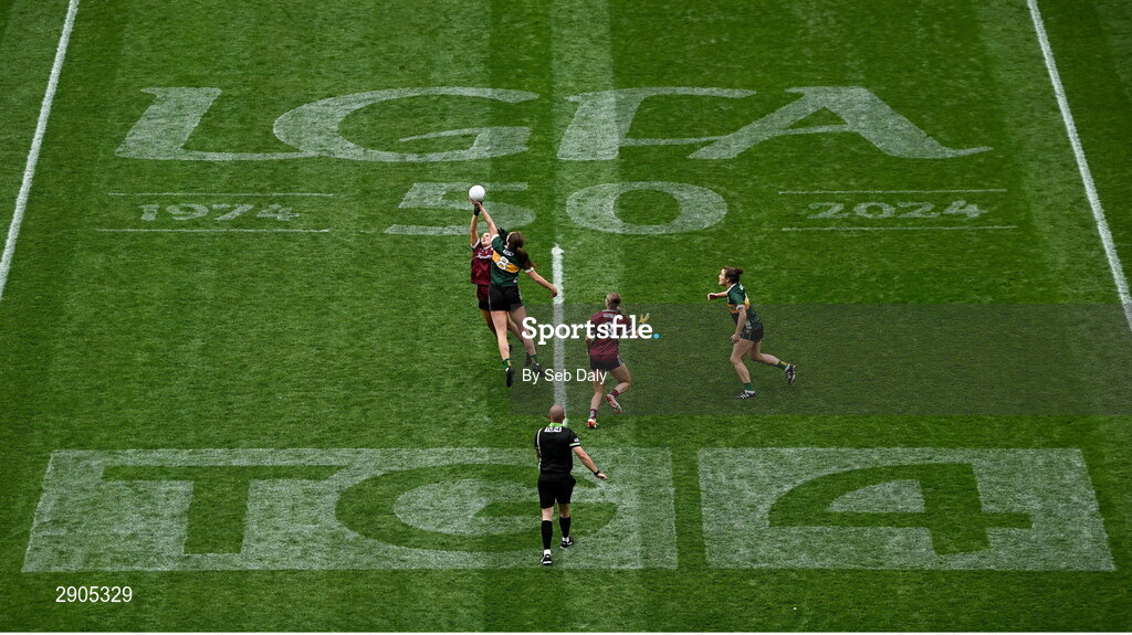 4 August 2024; Ailbhe Davoren of Galway and Mary O'Connell of Kerry contest for the ball at the throw in of the TG4 All-Ireland Ladies Football Senior Championship final match between Galway and Kerry at Croke Park, Dublin. Photo by Seb Daly/Sportsfile