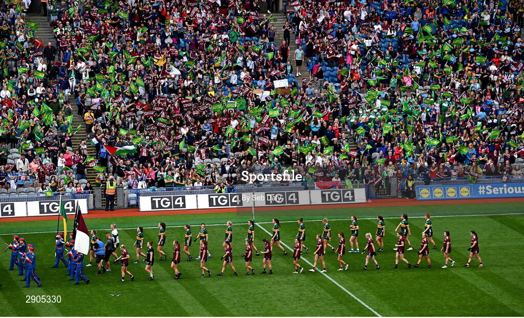 4 August 2024; Kerry and Galway players during the parade before the TG4 All-Ireland Ladies Football Senior Championship final match between Galway and Kerry at Croke Park, Dublin. Photo by Seb Daly/Sportsfile